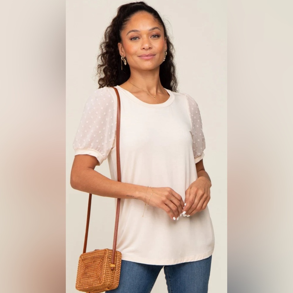 Adrianna Papell Tan Daisy Mesh Sleeve Crepe Top Size Medium NWT